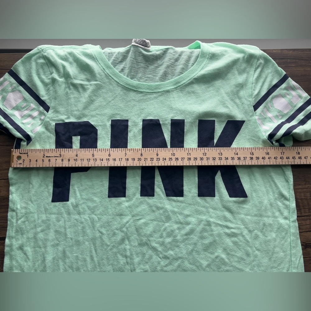 Victoria’s Secret PINK Mint Green Short Sleeve Logo Tee Navy & White Size Med - Picture 3 of 7